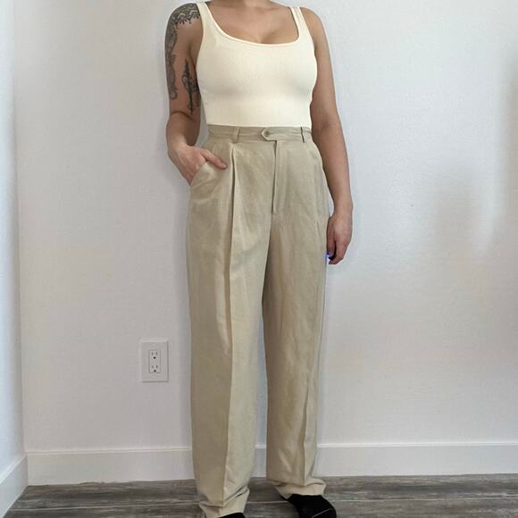 Lauren Ralph Lauren Beige Silk Linen Trousers size 8 High Rise Pleated Pants - Picture 1 of 14